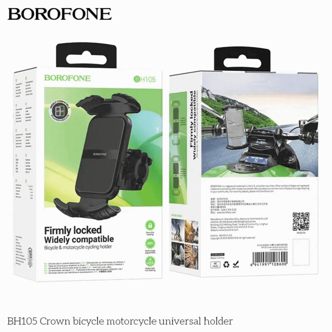 Borofone BH105 Bicycle & Motorcycle Motorbike Cycling Bike Scooter 360° Rotating Universal Mobile Phone Holder Mount Bracke Solid Grip Firmly Locked Borofone BH105 Bicycle & Motorcycle Motorbike Cycling Bike Scooter 360° Rotating Universal Mobile Phone Holder Mount Bracke Solid Grip Firmly Locked